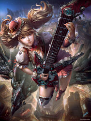  aircraft airship artist_name asymmetrical_legwear bad_anatomy blonde_hair blue_eyes boots building city_lights cityscape commentary cross-laced_footwear electric_guitar english_commentary fantasy female frills guitar hairband hat instrument jumping knee_boots lace-up_boots looking_at_viewer mini_hat mismatched_legwear night night_sky original parted_lips red_footwear red_skirt science_fiction skirt sky skyscraper solo thighhighs white_legwear wrist_cuffs yu_cheng_hong 