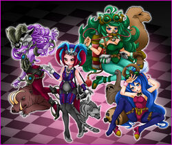  4girls :d :o aged_down alchemic_magician archfiend_empress archfiend_heiress bad_id bad_pixiv_id blue_eyes blue_hair boar camel colored_skin demon_girl duel_monster green_hair high_heels horns hyena leotard long_hair multiple_girls open_mouth pantyhose photoshop_(medium) playboy_bunny purple_skin red_eyes red_hair shoes single_shoe skull slacker_magician sloth_(animal) smile tail tensama_(ten2009) tour_guide_from_the_underworld very_long_hair wrist_cuffs yu-gi-oh! 