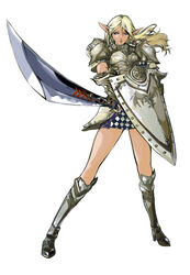  armor artist_request blonde_hair boots elf elf_(lineage_2) female gauntlets lineage lineage_2 long_hair long_legs photoshop_(medium) player_character_(lineage_2) pointy_ears shield solo sword weapon 