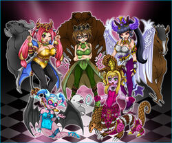  5girls angel_wings armadillo aussa_(yu-gi-oh!) aussa_the_earth_charmer bad_id bad_pixiv_id bear black_hair black_legwear blonde_hair blue_hair brown_eyes brown_hair bull checkered_floor colored_skin d: demon_wings dolphin dragon duel_monster fabled_topi feathered_wings fishnets green_eyes green_legwear high_heels highres horse lamia leotard long_tongue money_gesture monster_girl multiple_girls multiple_wings open_mouth pantyhose photoshop_(medium) pink_hair pink_skin playboy_bunny purple_legwear red_eyes reptilianne_naga snake t.g._wonder_magician tensama_(ten2009) tongue v-shaped_eyebrows vanadis_of_the_nordic_ascendant wings yu-gi-oh! 