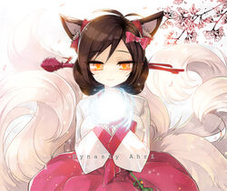  ahri alternate_costume alternate_hairstyle animal_ears antenna_hair asamiyajy bangs black_hair bow breasts character_name cherry_blossoms dynasty_ahri facial_mark fox_ears fox_tail glowing hair_bun hair_ornament hair_stick hairbow korean_clothes large_breasts league_of_legends light_smile long_sleeves looking_down magic multiple_tails orange_eyes orb petals pink_skirt shirt short_hair skirt sleeves_past_wrists smile solo tail whisker_markings white_shirt 