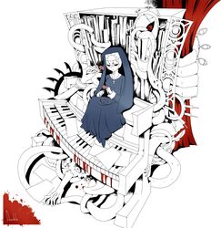  blonde_hair closed_eyes double_(skullgirls) double_(skullgrls) dual_persona female female flower instrument monochrome monster nun organ pipes sitting skullgirls solo 