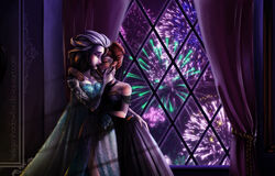  2girls anna_(frozen) arm_around_shoulder blatterbury closed_eyes commentary_request commission couple curtains dark_room elsa_(frozen) fireworks frozen_(disney) hand_on_own_ass hand_on_own_cheek hand_on_own_face happy highres hug incest indoors multiple_girls photoshop_(medium) siblings sisters window yuri 