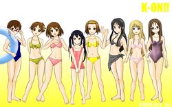  6+girls akiyama_mio barefoot bikini black_hair blonde_hair brown_hair commentary_request front-tie_top glasses hirasawa_ui hirasawa_yui innertube jun_(studioask) k-on! kotobuki_tsumugi lineup long_hair manabe_nodoka multiple_girls nakano_azusa navel one-piece_swimsuit sarong short_hair swim_ring swimsuit tainaka_ritsu yamanaka_sawako 