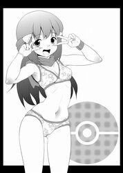  bad_id bad_pixiv_id bikini dawn_(pokemon) double_v endou_masatoshi female greyscale long_hair monochrome pokemon scarf swimsuit v wristband 