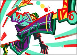  1boy abstract bracelet color_guide colorful commentary_request foreshortening idota inline_skates jet_set_radio jet_set_radio_future jewelry long_sleeves outstretched_leg pants roller_skates short_sleeves simple_background skates white_background yoyo_(jsr) 