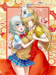  2girls ahoge aqua_eyes bad_id bad_pixiv_id binbougami_ga! blonde_hair blush breasts colored_eyelashes couple grey_hair hair_over_one_eye highres holding_hands large_breasts long_hair looking_at_viewer miniskirt momiji_(binbougami_ga!) multiple_girls plaid plaid_skirt sakura_ichiko school_uniform skirt sweater_vest tongue tongue_out triangular_headpiece twintails yellow_eyes yuri yuu_(derodero) 