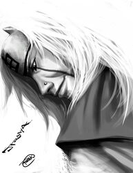  1boy bad_deviantart_id bad_id facial_mark forehead_protector from_side greyscale jiraiya_(naruto) lips long_hair male_focus monochrome naruto naruto_(series) nose photoshop_(medium) profile signature smile solo the_art_mage upper_body 