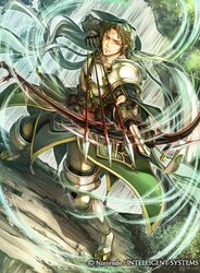  1boy armor armored_boots arrow_(projectile) bandana boots bow_(weapon) brown_hair commentary_request company_name drawing_bow facial_mark fire_emblem fire_emblem:_genealogy_of_the_holy_war fire_emblem_cipher forehead_mark gloves holding holding_arrow holding_bow_(weapon) holding_weapon jamke_(fire_emblem) leaf male_focus official_art orange_eyes solo takaya_tomohide water waterfall weapon 