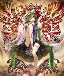  adapted_costume bare_legs barefoot blue_eyes commentary_request facial_tattoo female green_hair hand_on_own_knee hat hat_ribbon henna highres legs legs_folded long_sleeves looking_at_viewer mitsudomoe_(shape) ribbon shiki_eiki short_hair sitting skirt smile solo tattoo tomoe_(symbol) touhou urabe_michiru wide_sleeves 