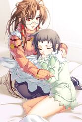  2girls antenna_hair apron black_hair closed_eyes glasses hair_ribbon hanawa_momiji hug jingai_makyou kumon_megumi long_hair multiple_girls nishii_(damnedrive) orange_shirt ribbon shirt short_hair skirt sleeping smile striped sweater thumb_sucking turtleneck 