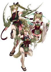  3girls :d animal_ears arm_blade armpits bare_shoulders blush breasts clenched_hands closed_mouth detached_sleeves eyes_visible_through_hair fur green_hair grey_thighhighs hair_between_eyes hair_over_one_eye highres holding holding_jar japanese_clothes jar kamaitachi_(monster_girl_encyclopedia) kenkou_cross large_breasts legs long_hair long_sleeves looking_at_viewer magic medium_hair monster_girl_encyclopedia multiple_girls official_art open_mouth orange_eyes pelvic_curtain photoshop_(medium) ponytail sandals sash short_hair simple_background small_breasts smile standing standing_on_one_leg storage_pot tabi tail thighhighs twintails weapon white_background wide_sleeves 