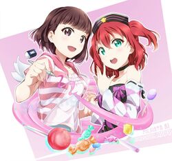  2girls bare_shoulders black_choker brown_hair candy character_name choker commentary cross-laced_clothes detached_sleeves english_commentary food furihata_ai green_eyes hat idol kinmirai_happy_end kurosawa_ruby lollipop looking_at_viewer love_live! love_live!_sunshine!! multiple_girls open_mouth pencil purple_eyes red_hair short_hair short_twintails surfing_orange twintails voice_actor voice_actor_connection 