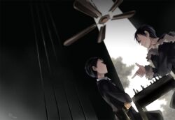  2boys bad_id bad_pixiv_id black_eyes black_hair board_game ceiling_fan chess coat durarara!! finger_gun fur_trim gun handgun jewelry multiple_boys occacia orihara_izaya pointing ring ryuugamine_mikado weapon 