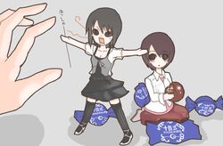  angry asou_misaki bad_id bad_pixiv_id black_hair blush brown_hair candy chocolate dress fatal_frame fatal_frame_4 food hands high_heels multiple_girls shoes short_hair skirt striped striped_legwear thighhighs tsukimori_madoka vader_(n.r.t.a.) vertical-striped_legwear vertical_stripes wavy_mouth 