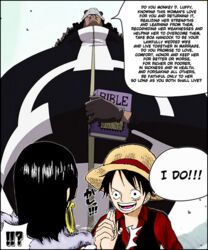  !!? 2boys bartholomew_kuma black_hair boa_hancock book earrings female glasses gloves hand_holding hat highres jewelry long_hair monkey_d_luffy multiple_boys one_piece red_shirt scar shichibukai shirt straw_hat text vest wedding 