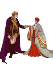  1boy blonde_hair cape cravat curly_hair female fire_emblem fire_emblem_if formal frilled_sleeves frills hand_holding hinoka_(fire_emblem_if) japanese_clothes kimono marx_(fire_emblem_if) red_hair 