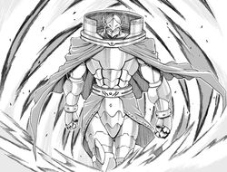  armor cape commentary_request duel_monster greyscale helmet looking_at_viewer monochrome nasubino raiza_the_storm_monarch solo yu-gi-oh! 