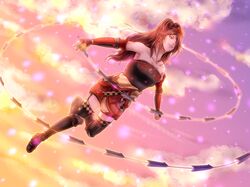  armpits bare_shoulders brown_hair commentary_request detached_sleeves female flower hair_flower hair_ornament hoshikirari kaihime_(sengoku_musou) long_hair sengoku_musou sengoku_musou_3 skirt solo sword thighhighs weapon whip whip_sword 