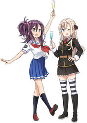  2girls :d ;d abe_kanari arm_up black_footwear black_legwear black_ribbon black_skirt blazer blonde_hair blue_skirt blush boots braid brown_footwear collared_shirt commentary_request cup drinking_glass earrings eyebrows full_body hair_between_eyes hair_ribbon hand_on_own_hip high_school_fleet holding hoop_earrings jacket jewelry katsuta_satoko knee_boots kneehighs loafers long_hair long_sleeves multiple_girls neckerchief necktie one_eye_closed open_mouth outstretched_arms photoshop_(medium) pleated_skirt purple_hair red_necktie ribbon school_uniform serafuku shirt shoes short_sleeves side_ponytail simple_background skirt smile socks striped_clothes striped_thighhighs thighhighs v-shaped_eyebrows white_background white_shirt wilhelmina_braunschweig_ingenohl_friedeburg wine_glass wing_collar yokosuka_girls_marine_high_school_uniform 