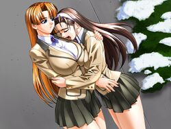  2girls breasts brown_hair escalation escalation_hardcore hug inoue_takuya large_breasts long_hair multiple_girls ogasawara_kaoru red_hair school_uniform snow tatsuki_haruka winter yuri 