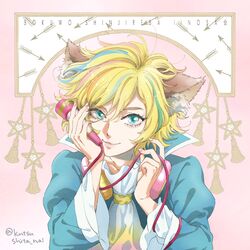  1boy :3 animal_ears ascot bad_id bad_pixiv_id bishounen blonde_hair blue_eyes male_focus microphone multicolored_hair popped_collar shimanekoken show_by_rock!! shu_zo_(show_by_rock!!) smile solo streaked_hair twitter_username upper_body 