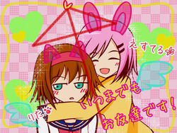  2girls ^_^ ai_ai_gasa animal_ears animal_hands bad_id bad_pixiv_id blue_eyes blush brown_hair character_name checkered_background closed_eyes estellise_sidos_heurassein estellise_sidos_heurassein_(campus_royalty) happy headband hug looking_away multiple_girls official_alternate_costume open_mouth photoshop_(medium) pink_background pink_hair rabbit_ears rita_mordio rita_mordio_(exchange_student) school_uniform shiratama_anmitsu short_hair smile tales_of_(series) tales_of_vesperia translated wings 