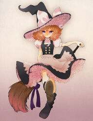  apron black_dress boots broom commentary_request crescent dress female frills full_body gradient_background hat hat_ribbon highres kirisame_marisa light_brown_hair looking_at_viewer noromi outstretched_leg puffy_sleeves purple_eyes ribbon short_hair short_sleeves simple_background solo star_(symbol) touhou turtleneck waist_apron witch_hat 