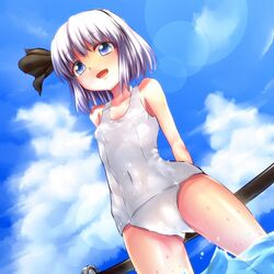  blue_eyes cloud commentary_request day dutch_angle female grey_hair hairband konpaku_youmu lens_flare one-piece_swimsuit open_mouth outdoors school_swimsuit short_hair sky smile solo standing swimsuit sword tatsumoto touhou water weapon white_one-piece_swimsuit 