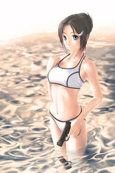  bikini black_hair blue_eyes breasts commentary_request female gun hair_ornament handgun highres kirin404 medium_breasts original reflection short_hair solo sports_bikini swimsuit underboob wading walther walther_p99 water weapon white_bikini 