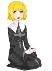  blonde_hair blue_eyes blush commentary_request cross female habit nun open_mouth orsola_aquinas samuraig short_hair smile solo toaru_majutsu_no_index traditional_nun 