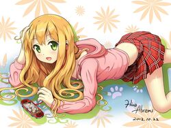  azuki_azusa blonde_hair commentary_request female green_eyes handheld_game_console hentai_ouji_to_warawanai_neko. hira_(zlpabrams) hood hoodie long_hair plaid plaid_skirt playstation_vita skirt 