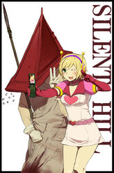  bad_id bad_pixiv_id belt blonde_hair blush bosugodorakakoyosu cellphone choker crossover female gloves green_eyes headphones heather_mason one_eye_closed open_mouth phone polearm princess_heart pyramid_head robe short_hair silent_hill_(series) silent_hill_2 silent_hill_3 skirt spear tadataka v weapon 