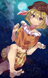  animal_ears bad_id bad_twitter_id barefoot blush brown_eyes cabbie_hat cloud commentary crop_top crossed_legs dango feet female floppy_ears food foot_out_of_frame full_moon hair_between_eyes hat highres looking_at_viewer midriff moon navel night night_sky one-hour_drawing_challenge orange_nails orange_shirt oudondk rabbit_ears ringo_(touhou) shirt short_hair shorts sky smile solo toes touhou wagashi yellow_shorts 