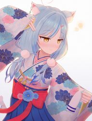  absurdres ahoge aimai_elegy_(deco27) animal_ears blue_hair blue_hakama blue_nails blush bottle cat_ears cat_girl cat_tail closed_mouth colored_tips cowboy_shot ear_piercing extra_ears eyelashes female floral_print furisode hair_between_eyes hair_ornament hairclip hakama hakama_skirt heart heart_ahoge highres holding holding_bottle hololive japanese_clothes kimono long_hair looking_at_object looking_away multicolored_hair nail_polish official_alternate_hairstyle piercing pointy_ears skirt smile solo streaked_hair tail tokkuri virtual_youtuber yaqua yellow_eyes yukihana_lamy yukihana_lamy_(new_year) 