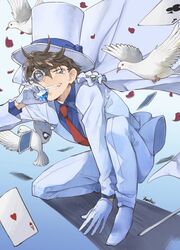  1boy absurdres ace_(playing_card) ace_of_clubs ace_of_hearts animal arm_support bird blue_eyes blue_shirt brown_hair cape card club_(shape) collared_shirt commentary dove dreaming182 dress_shirt falling_petals floating_card formal full_body gem glint gloves gradient_background grin hair_between_eyes hat heart highres holding holding_gem jacket kaitou_kid long_sleeves looking_at_viewer magic_kaito male_focus meitantei_conan monocle monocle_chain necktie on_one_knee pants petals playing_card red_necktie shadow shirt shoes short_hair signature simple_background smile solo suit teeth top_hat white_cape white_footwear white_gloves white_hat white_jacket white_pants white_suit 