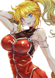  arm_behind_head blonde_hair blue_eyes blush breasts collarbone excellen_browning female floating_hair highres jacket large_breasts long_hair looking_at_viewer ponytail red_jacket sidelocks smile solo super_robot_wars super_robot_wars_original_generation wochi 