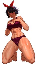  abs absurdres barefoot bikini black_eyes black_hair blush breasts cleavage collarbone dark-skinned_female dark_skin earrings female full_body headband highres jewelry josie_rizal looking_at_viewer navel nutro purple_bikini red_ribbon ribbon shiny_skin short_hair simple_background solo stomach swimsuit tekken tekken_7 toenails white_background 