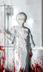  1boy blackbox_(blackbox9158) blood blood_on_clothes blood_on_face blood_on_hands blood_on_wall blood_splatter expressionless hospital_gown intravenous_drip iv_stand korean_commentary lolicon looking_at_viewer male_focus name_tag original solo white_hair yellow_eyes 