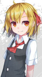  ahoge ascot black_dress blonde_hair closed_mouth collared_shirt commentary_request dress fang_out female grey_background hair_between_eyes hair_ribbon highres oerba_yun_fang red_ascot red_eyes red_ribbon ribbon rumia shirt short_sleeves skin_fang sleeveless sleeveless_dress smile solo touhou two-tone_background upper_body uumaru white_background white_shirt 