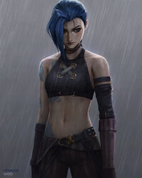  arcane:_league_of_legends arcane_jinx arm_tattoo artist_name bare_shoulders belt black_pants blue_hair breasts cheesewoo closed_mouth cloud_tattoo crop_top detached_sleeves female gloves grey_background highres jinx_(league_of_legends) league_of_legends long_hair navel pants rain shiny_skin shoulder_tattoo small_breasts solo stomach stomach_tattoo tattoo 