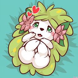  1:1 2021 ambiguous_gender ass bedding bedding_background blush elemental_creature female_(lore) feral flora_fauna flower front_view full-length_portrait generation_4_pokemon glistening glistening_eyes green_eyes heart_catchlight heart_symbol hi_res high-angle_view land_forme_shaymin legendary_pokemon looking_at_viewer looking_up lying maverick nintendo on_back open_mouth open_smile pink_flower plant pokemon pokemon_(species) portrait shaymin simple_background smile solo 