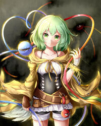  absurdres bandaged_hand bandages bare_shoulders blush breasts chains chinese_commentary cloak closed_mouth collarbone commentary_request corset cosplay cowboy_shot cuffs female feng_ling_(fenglingwulukong) glowing green_eyes green_hair hand_up head_tilt heart heart_of_string highres komeiji_koishi looking_at_viewer lyna_(yu-gi-oh!) lyna_the_light_charmer lyna_the_light_charmer_(cosplay) medium_hair no_headwear off_shoulder pom_pom_(clothes) redrawn shackles shorts small_breasts smile solo standing stitched_eye stitches third_eye touhou yu-gi-oh! 