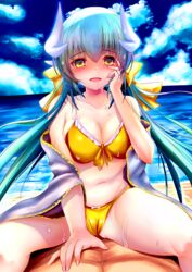  :d absurdres bare_shoulders bikini blush bow breasts cleavage cloud collarbone day dragon_girl dragon_horns fate/grand_order fate_(series) female green_hair hand_on_own_face highres horns izumikuu kiyohime_(fate) kiyohime_(swimsuit_lancer)_(fate) kiyohime_(swimsuit_lancer)_(first_ascension)_(fate) large_breasts long_hair looking_at_viewer low_twintails midriff multiple_horns navel open_mouth revision smile solo_focus straddling straight swimsuit twintails very_long_hair yellow_bikini yellow_bow yellow_eyes 