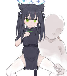  1boy animal_ear_fluff animal_ears bald black_dress black_hair blue_archive china_dress chinese_clothes clothed_female_nude_male dress faceless faceless_male female green_eyes hand_on_another&#039;s_knee hand_on_another&#039;s_shoulder hand_on_own_chest healthyman highres legs long_hair looking_at_viewer nude short_sleeves shun_(blue_archive) shun_(kid)_(blue_archive) smile spread_legs squatting straight thighhighs thighs tiger_ears tiger_girl twintails white_legwear 