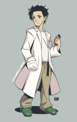  1boy black_hair brown_eyes brown_pants closed_mouth commentary_request copyright_name full_body green_footwear grey_background hand_in_pocket hand_up holding lab_coat long_sleeves looking_away looking_to_the_side male_focus mawaru_(mawaru) okabe_rintarou open_clothes pants shadow shirt slippers solo standing steins;gate white_shirt 