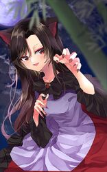  animal_ears bad_id bad_twitter_id bamboo blurry blurry_foreground blush brooch brown_hair claw_pose cloud commentary dress female fingernails highres imaizumi_kagerou jewelry long_fingernails long_hair long_sleeves moon multicolored_clothes multicolored_dress night one-hour_drawing_challenge oudondk purple_dress red_brooch red_dress red_eyes red_nails sky solo swept_bangs touhou wide_sleeves wolf_ears 