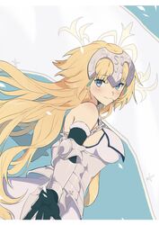  armor armored_dress bare_shoulders black_gloves blonde_hair blue_eyes breasts chains fate/apocrypha fate/grand_order fate_(series) female flag gloves grabbing grabbing_own_breast headpiece highres jeanne_d&#039;arc_(fate) jeanne_d&#039;arc_(third_ascension)_(fate) kabutomushi_s long_hair long_sleeves looking_back sleeveless smile solo 