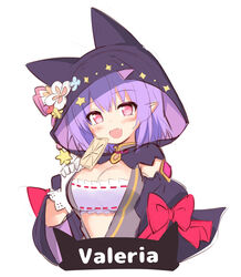  :d between_fingers black_capelet black_sleeves blush breasts capelet card character_name cleavage commentary_request cropped_torso detached_sleeves elf female gloves hair_between_eyes hair_ornament hand_up head_tilt highres holding holding_card hood hood_up hooded_capelet iris_mysteria! juliet_sleeves long_sleeves looking_at_viewer medium_breasts oerba_yun_fang open_mouth pink_eyes pointy_ears puffy_sleeves purple_hair ribbon_trim simple_background smile solo star_(symbol) star_hair_ornament upper_body valeria_(iris_mysteria!) white_background white_gloves wide_sleeves yuu_(yumezakura) 