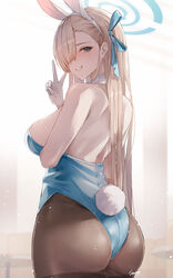  animal_ears ass asuna_(blue_archive) asuna_(bunny)_(blue_archive) asymmetrical_bangs bare_shoulders blonde_hair blue_archive blue_eyes blue_leotard blush breasts commentary_request fake_animal_ears fake_tail female from_behind gloves hair_over_one_eye hairband halo hand_up highres leotard long_bangs looking_at_viewer looking_back official_alternate_costume one_eye_covered pantyhose parted_lips playboy_bunny rabbit_ears rabbit_tail sea_nami sideboob signature smile solo strapless strapless_leotard tail v white_gloves white_hairband 